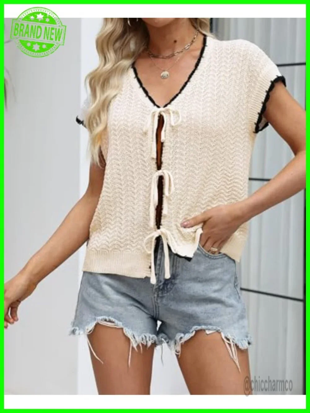 Sleeveless Cable Knit V-Neck Tie Front Sweater Vest - Vacation Outfits
